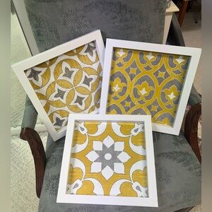Set of Three Yellow and Gray Framed Wall Art
